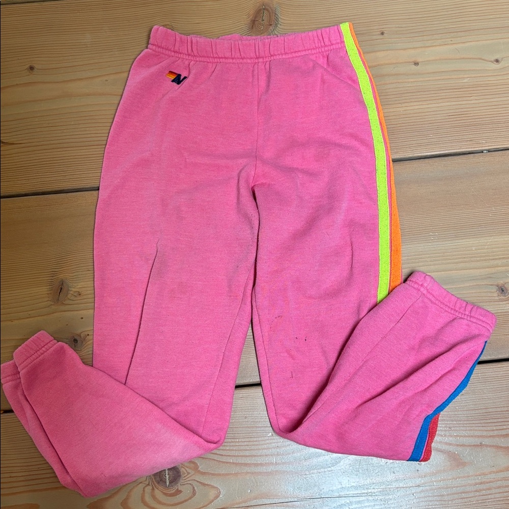 Aviator Nation Pink Sweatpants with Rainbow Stripe